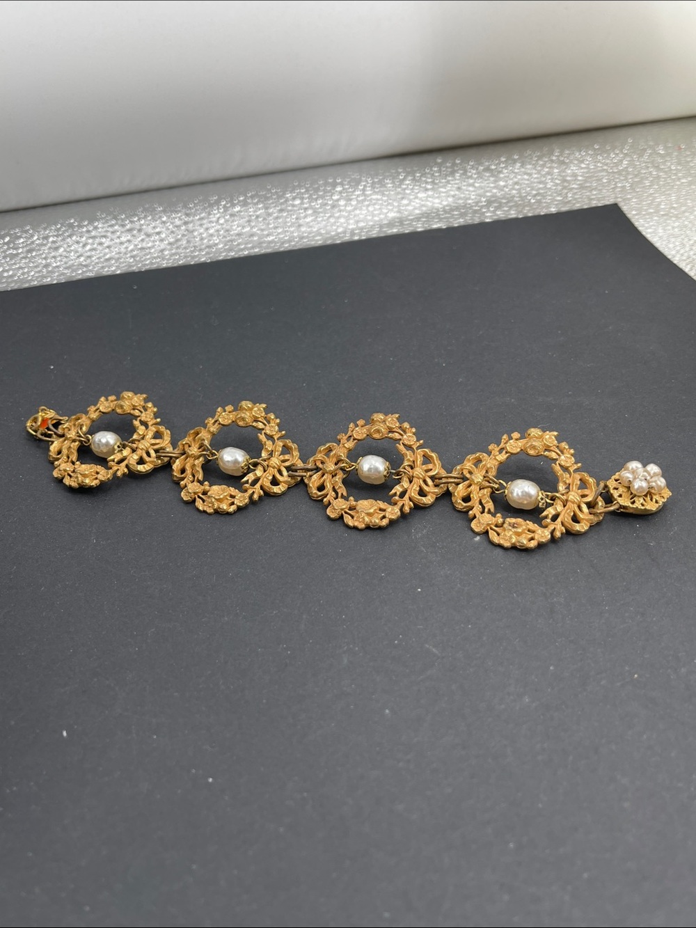 **RARE** Miriam Haskell Gold Filigree  Florenza Style Bracelet with Faux Pearls
